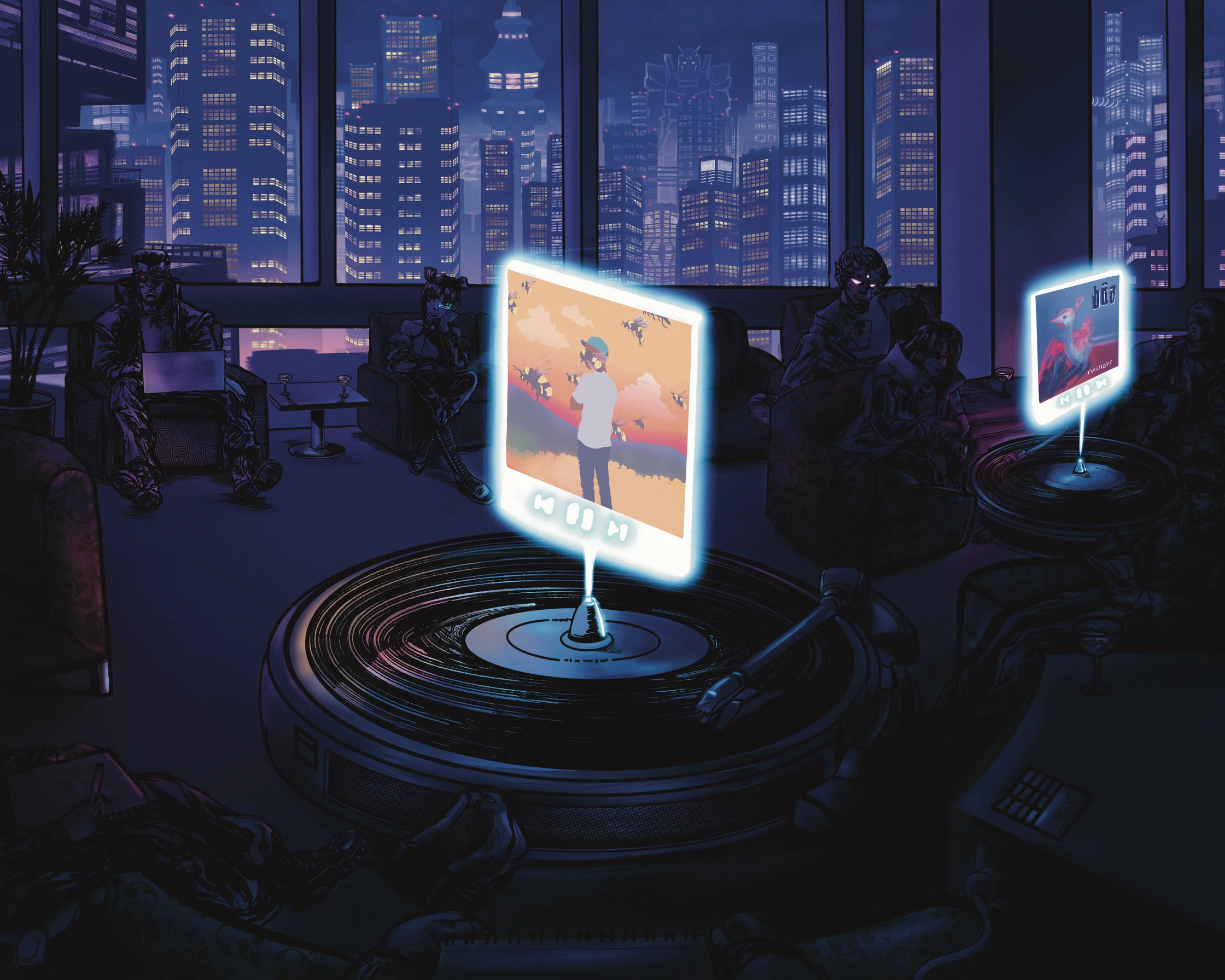 Purple city illustration with album artwork